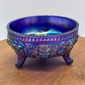 Vintage Imperial Glass Cobalt Blue Aurora Jewels Rose 3 Toed Bowl